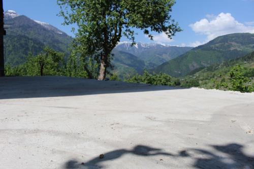 a large parking lot with a tree and mountains in the background at Luka House in Akhaldaba