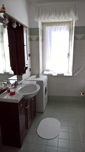 a bathroom with a sink and a washing machine at Casa Luca e Cristina in Mezzolago