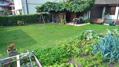 a garden with a bench and some plants at Casa Luca e Cristina in Mezzolago