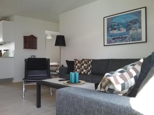 a living room with a couch and a table at Hals Hotel ferielejlighed in Hals