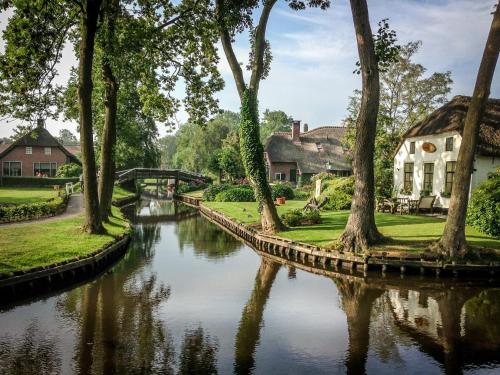 a canal in a park with trees and houses at City Hotel Meppel in Meppel