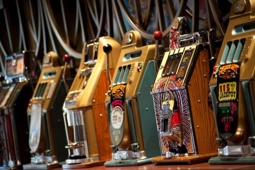 a row of suitcases lined up in a row at Golden Gate Casino Hotel in Las Vegas