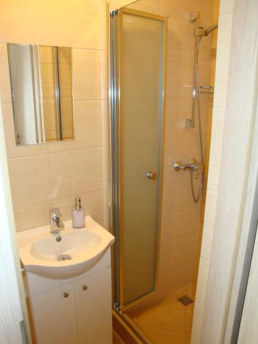 a bathroom with a shower and a sink at Lucy in Władysławowo