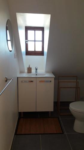 een badkamer met een toilet en een raam bij Charme, jardin et vue panoramique en plein coeur de St-Cirq in Saint-Cirq-Lapopie