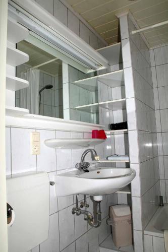 a bathroom with a sink and a toilet and a mirror at Pension-Marion in Bad Zwischenahn