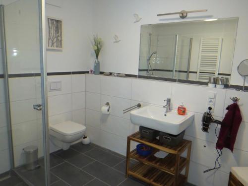ein Badezimmer mit Waschbecken, Toilette und Spiegel in der Unterkunft Ferienwohnung Traumsegler in Juliusruh