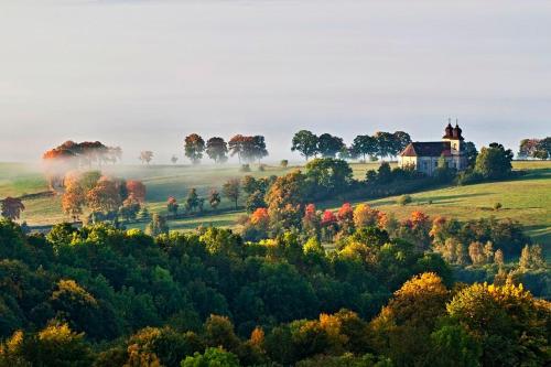 a house on a hill in a field with trees at Penzion Jízdárna Hejtmánkovice in Broumov
