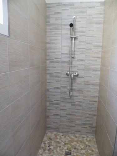 La salle de bains est pourvue d'une douche et d'un mur en carrelage. dans l'établissement Le Logis de Liliana, à Villemoustaussou