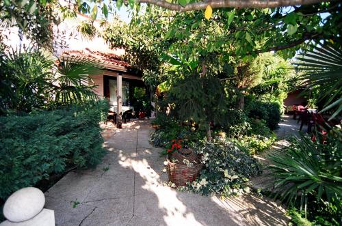 a garden with a tree and a basket of flowers at Hotel Makin in Novigrad Istria