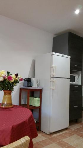 Il comprend une cuisine équipée d'un réfrigérateur et d'une table avec un vase de fleurs. dans l'établissement Chambre Avec Jardin Pierre Curie, à Bry-sur-Marne