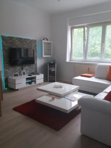 Una sala de estar con un sofá blanco y un televisor. en Apartment Meschnik, en Graz