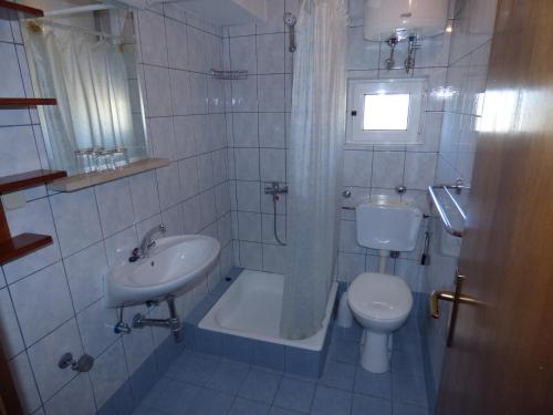トゥチェピにあるApartmani Dalijaのバスルーム(洗面台、トイレ、シャワー付)