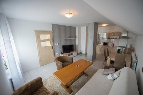 Apartman Mm في سلافونسكي برود: غرفة معيشة مع أريكة وطاولة