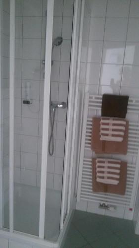 a bathroom with a shower with a bench in it at Pension Central in Markt Piesting