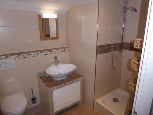 a bathroom with a sink and a shower and a toilet at Fritz-Muller-Partenkirchen in Garmisch-Partenkirchen