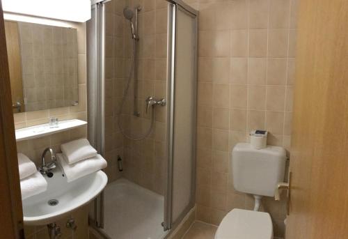 a bathroom with a shower and a toilet and a sink at Gästehaus der Abtei Sayn in Bendorf