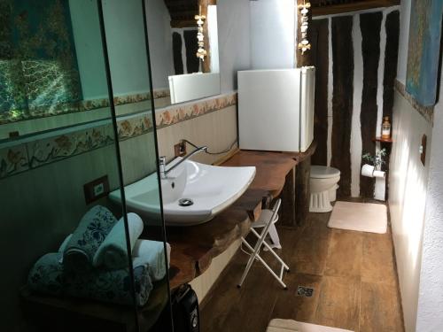 een badkamer met een wastafel en een spiegel bij Cabana Do Zuza in Campos do Jordão