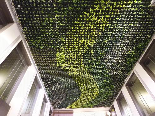 a building with a wall of plants on the ceiling at M Inn in Coimbatore