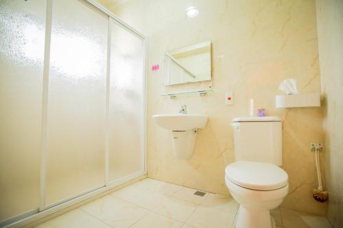 a bathroom with a shower and a toilet and a sink at 日青民宿 in Magong