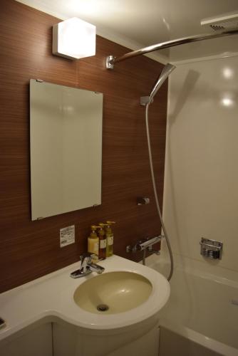Fukuyama Plaza Hotel في فوكوياما: حمام مع حوض ومرآة