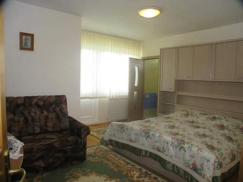 a bedroom with a bed and a chair and a window at Vila Vlad in Târgu Neamț