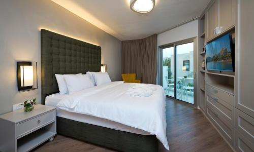 a bedroom with a large bed and a flat screen tv at Villa Gardenya in Eilat