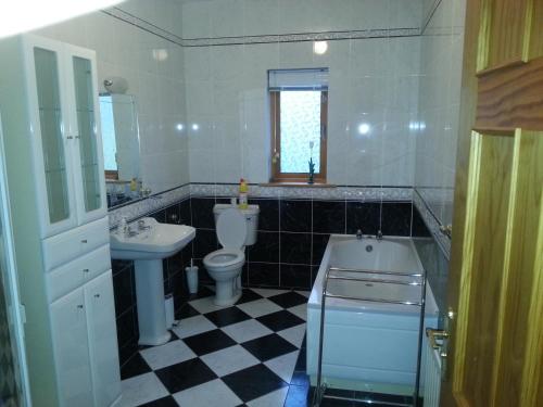 een badkamer met een wastafel, een toilet en een bad bij Yellow House in Westport