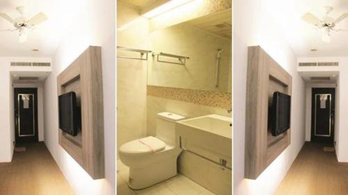 two pictures of a bathroom with a toilet and a tv at Teresa Hotel in Toufen