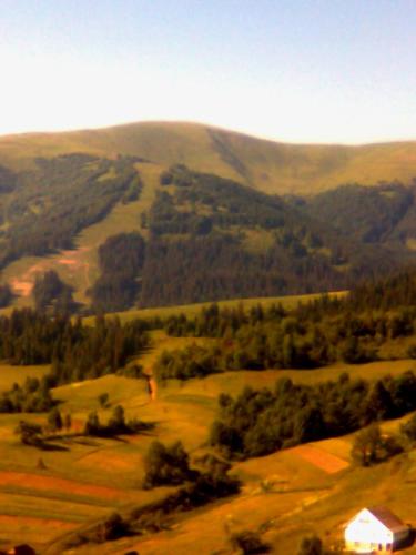 a view of a field with a mountain in the background at Dacha PODOBOVETS 127 in Podobovets