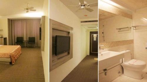 2 fotos de una habitación de hotel con cama y baño en Teresa Hotel, en Toufen