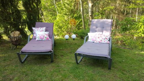 two chairs with pillows sitting in the grass at Ferienhaus Lilly am Silbersee in Frielendorf