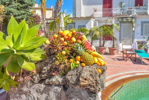 a pile of fruit on a rock next to a pool at Charme Hotel La Villa Tina in Ischia