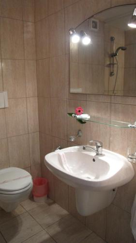 uma casa de banho com um lavatório, um WC e um espelho. em Hotel Sibiu em Neptun