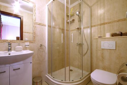 a bathroom with a shower and a toilet and a sink at Palazzo Banicevic Luxury Rooms in Kotor