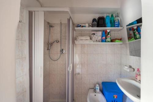 un bagno con doccia, WC e lavandino di Monolocale finemente ristrutturato a Ostuni