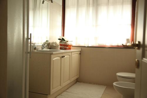 uma casa de banho com um lavatório, um WC e uma janela. em Agriturismo Bassanella em Treviglio