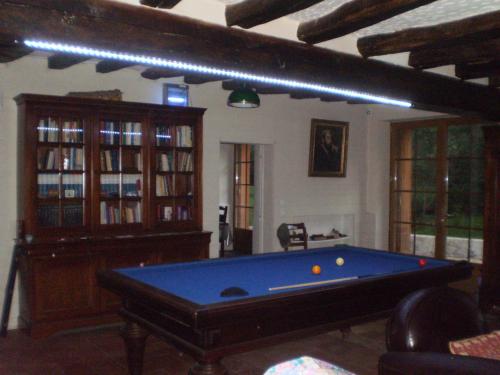 un salon avec une table de billard dans l'établissement Le Moulin de Monternault, à Montreuil-le-Henri