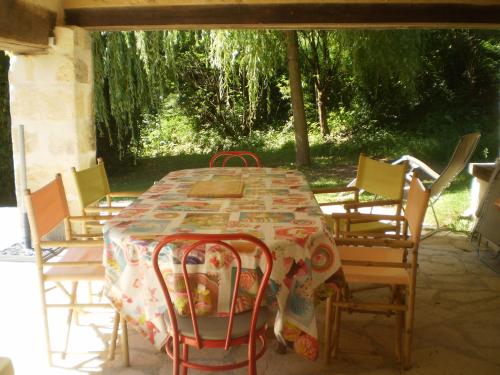 a table with chairs and a table cloth on a patio at Le Moulin de Monternault in Montreuil-le-Henri