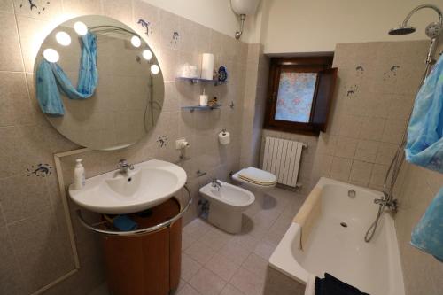 een badkamer met een wastafel, een toilet en een spiegel bij il Panorama di Vitorchiano in Vitorchiano