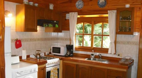 a kitchen with a sink and a stove and a microwave at Las Bahías in Villa La Angostura