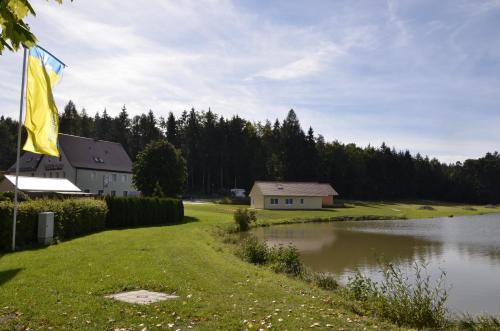 a house and a flag next to a lake at Pension Zum Grünen Wald in Feuchtwangen