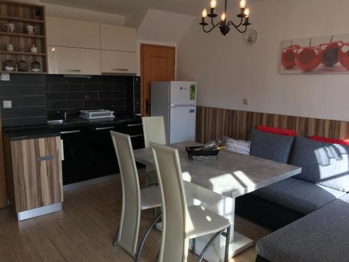 a kitchen and living room with a table and chairs at Apartma Jelenček in Moravske Toplice