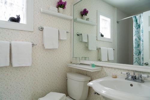 a bathroom with a sink and a toilet and a mirror at Four Chimneys Inn in Bennington