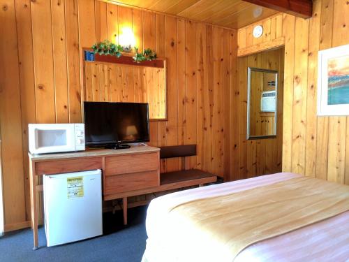 um quarto com uma cama, uma televisão e um micro-ondas em Prospector Motor Lodge em Blanding