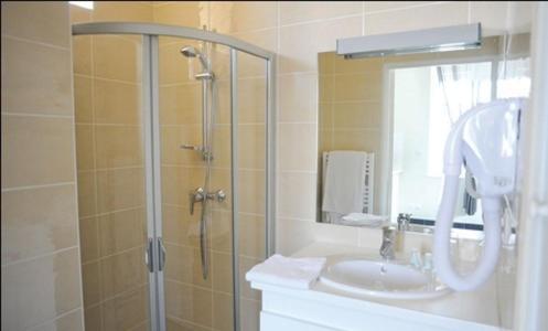 ein Bad mit einer Dusche, einem Waschbecken und einem Spiegel in der Unterkunft Aux Jardins de L'Isle in Vienne
