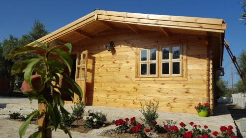 a small wooden shed with a window and flowers at Cyprus Glamping Park in Ayios Theodhoros