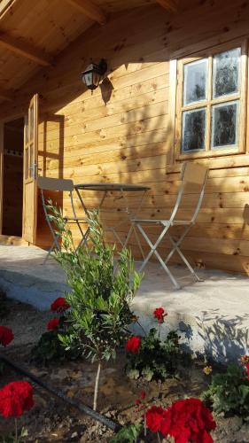 a chair sitting outside of a wooden cabin with flowers at Cyprus Glamping Park in Ayios Theodhoros