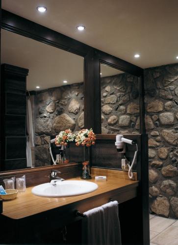 a bathroom with a sink and a stone wall at Hotel Hospital de Benasque in Benasque