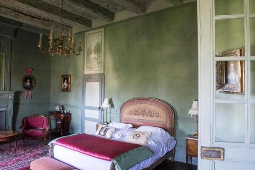 a bedroom with a bed and a chandelier at Chateau de Canac in Rodez