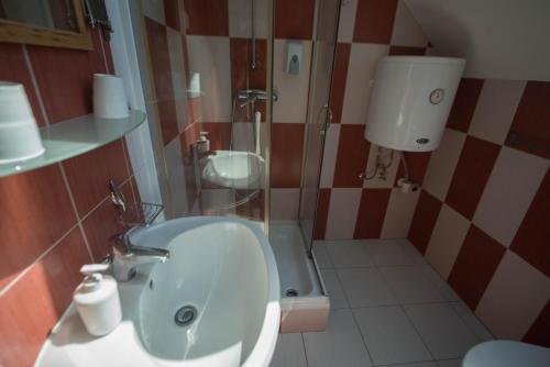a bathroom with a sink and a shower at Marina Panzio in Siófok